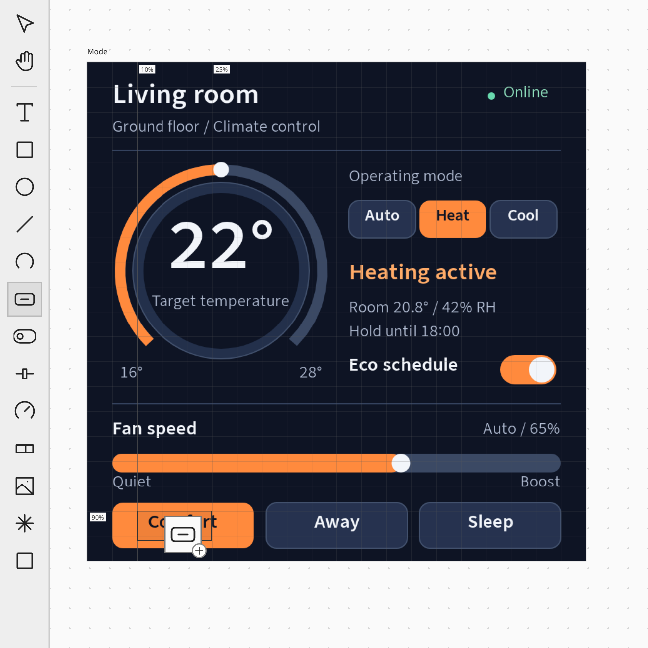 Dragging a button from the toolbar onto a device screen, with a drop preview and grid guides.